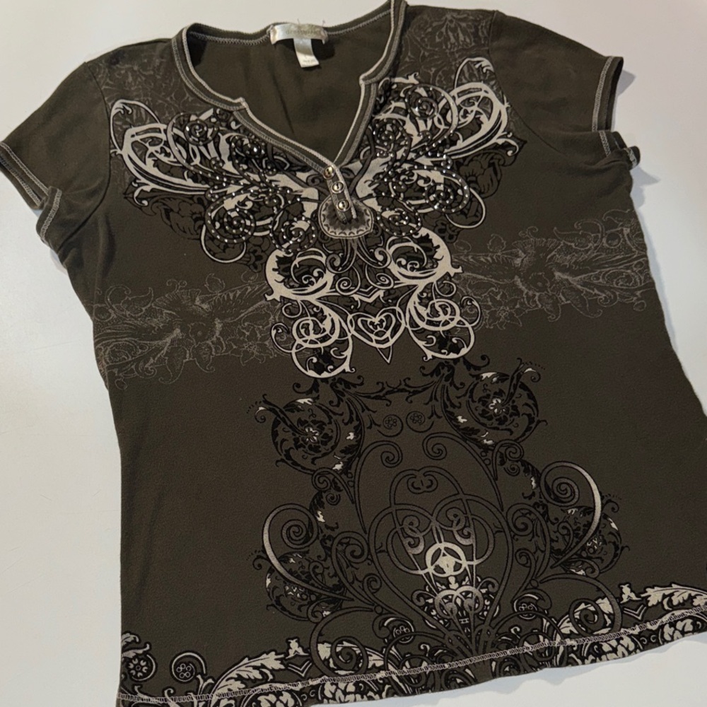 Women’s Olive Green Henley Style Y2K Dress Barn‎ Baby Tee size Large